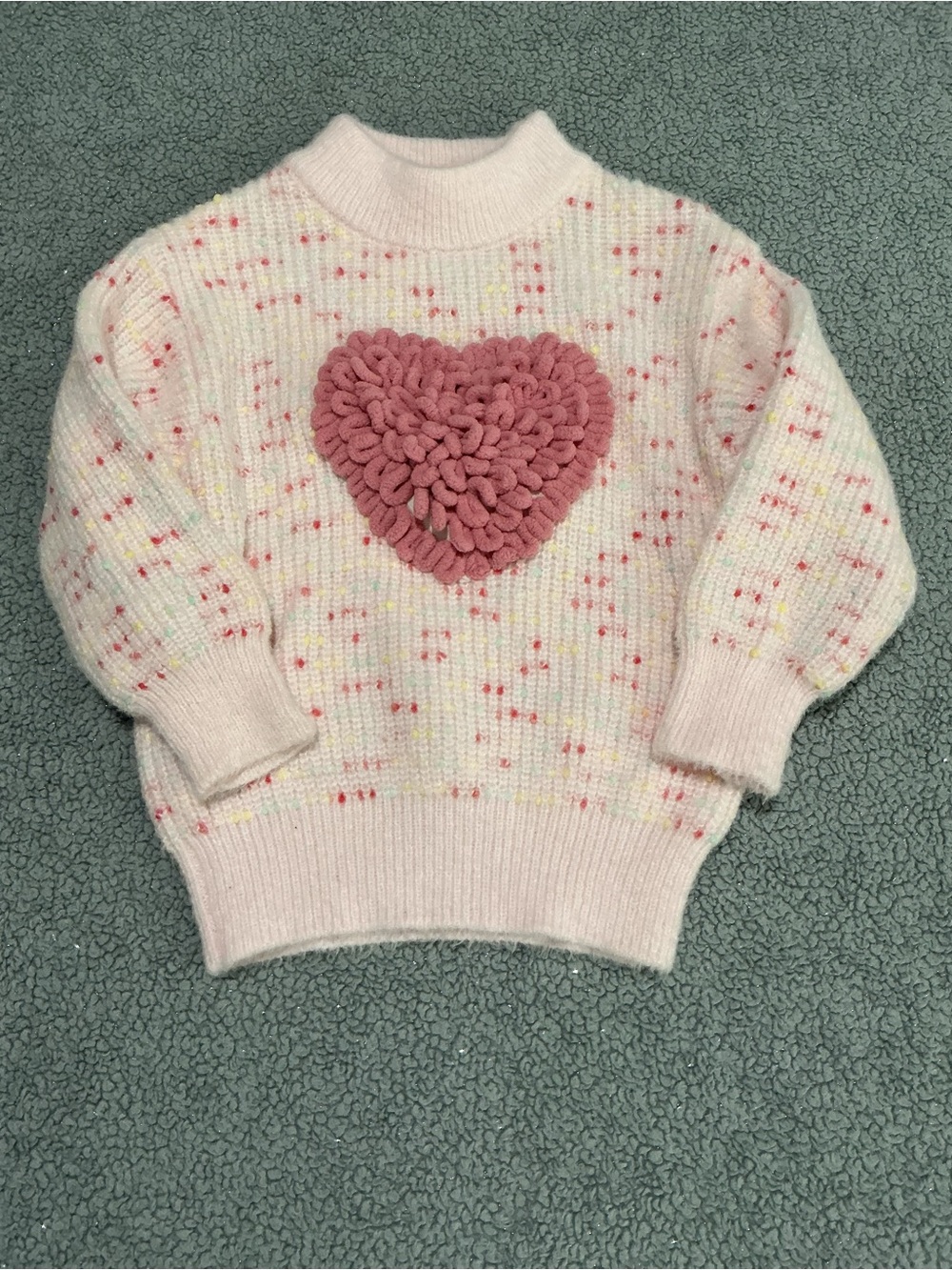 Girls Cream Speckled Crewneck Sweater with Pink Chenille Heart